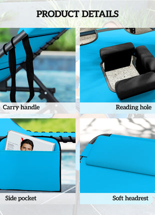 2 Piece Folding Chaise Lounge Pool Chairs with 5-level Reclining Back, Reading Hole, Side Pocket, Blue