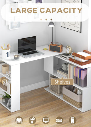 L Shaped Desk, Corner Computer Desk, 360 Degree Rotating Home Office Desk with Storage Shelves, Writing Table Workstation, White