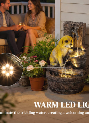 22" Outdoor Fountain with 3-Tier Puppy Theme, Resin Garden Fountain with LED Lights, Adjustable Flow, Rustic Brown