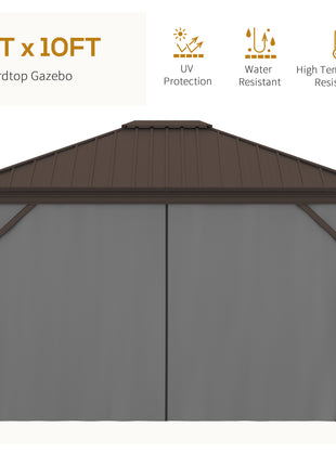 10' x 12' Hardtop Gazebo with Curtains and Netting, Permanent Pavilion Metal Single Roof Gazebo Canopy with Aluminum Frame and Hooks, for Garden, Patio, Backyard, Gray