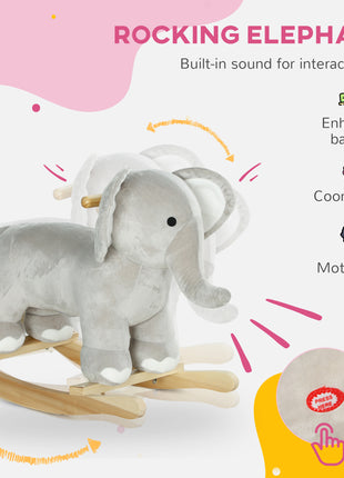 Kids Rocking Animal, Elephant Rocker with Realistic Sounds, Plush Ride on Toy for Years 2-4, Gray
