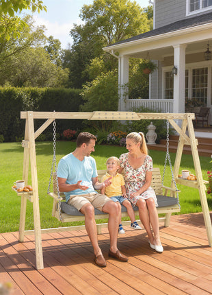 3 Seat Wooden Porch Swing with Stand, Patio Swing with Cushion, for Garden, Poolside, Backyard, Natural Wood