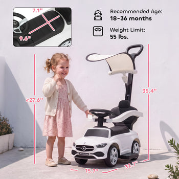 4 in 1 Toddler Push Car Licensed Benz with Push Handle, Guardrails, Canopy, Horn, Music, Storage for 18-36 Months, White