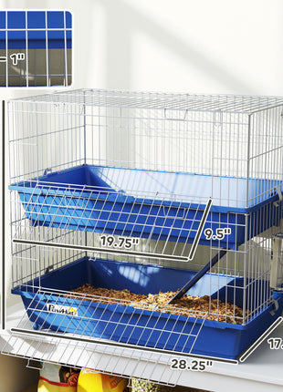 2-Tier Guinea Pig Cage, Ferret Cage, Chinchilla Cage, Small Animal Cage Indoor with Dish and Bottle, 2 Doors, Deep Bottoms, Ramp, 28", Blue