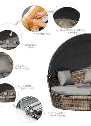 4-Piece Round Convertible Daybed with Cushions, Outdoor PE Rattan Patio Wicker Sofa Set, Sunbed with Adjustable Sun Canopy, Sectional Sofa, 2 Chairs, Table, 3 Pillows, Dark Gray