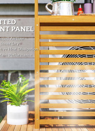 Outdoor Air Conditioner Fence Privacy Screen, Wood AC Fence Potting Table with Shelves for Patio, Light Brown