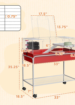 Two-Story Small Animal Cage Removable from Stand, Pet Habitat with Shelf & Wheels, 33" x 18.5" x 35", Red