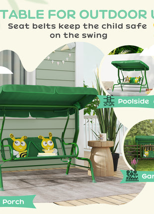 Kids Patio Swing Chair with Adjustable Canopy, Safety Belt for Patio, Garden, Poolside, Balcony, Dark Green