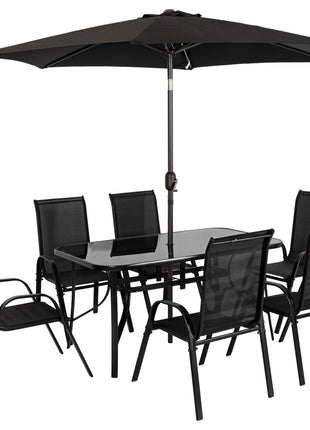 8 Pieces Patio Furniture Set with 9Ft Patio Umbrella, Outdoor Dining Table and Chairs, Black