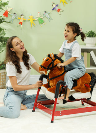 Spring Rocking Horse, Kids Ride on Horse, Plush Horse Ride-on w/ Sounds & Foot Stirrups for Kids 3-8 Years, Brown