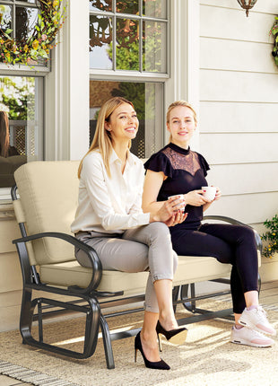 Outdoor Glider Bench, 2-Person Patio Rocker Loveseat with Tufted Cushions, Steel Frame for Porch, Garden Backyard, Beige