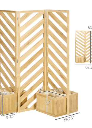 Decorative Outdoor Privacy Screen, Freestanding Divider/Separator with 4 Self-Draining Planters, 3 Trellis Plant Support Panels for Garden Walkway, Backyard, Natural Wood