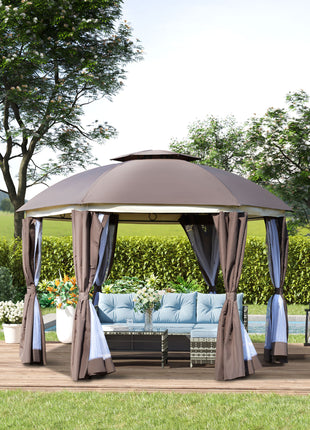 12' x 12' Round Outdoor Gazebo, Patio Dome Gazebo Canopy Shelter with Double Roof, Netting Sidewalls and Curtains, Zippered Doors, Strong Steel Frame, Brown