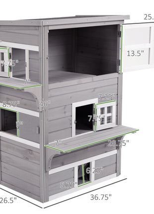 Outdoor Cat House, 3-Tier Kitty Shelter with 5 Escape Doors, Weather Resistant, Gray & White