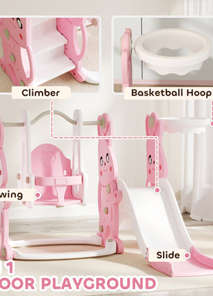 4 in 1 Toddler Slide and Swing Set with Climber, Basketball Hoop, Rabbit Themed Kids Playset for Ages 1.5-4, Pink