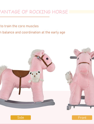 Kids Rocking Horse with Bear Toy, Plush Animal Rocker with Fun Realistic Sounds for Toddler 18-36 Months, Pink