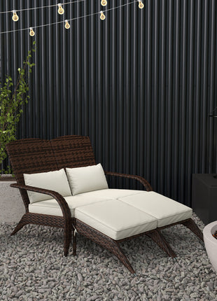 2 Person Patio Wicker Adirondack Chair, High-Back Fire Pit Chair with Cushions, Cream White
