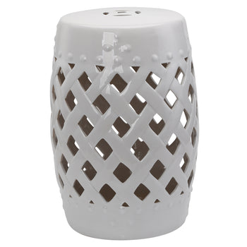 13" x 18" Ceramic Garden Stool with Woven Lattice Design & Glazed Strong Materials Decorative Outdoor Stool, White