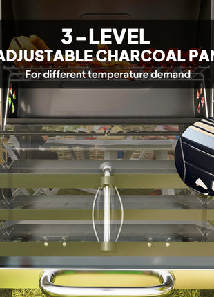 Charcoal BBQ Grill with 245 sq. in. Cooking Area, Adjustable Charcoal Pan, 3 Shelves, Thermometer, Black