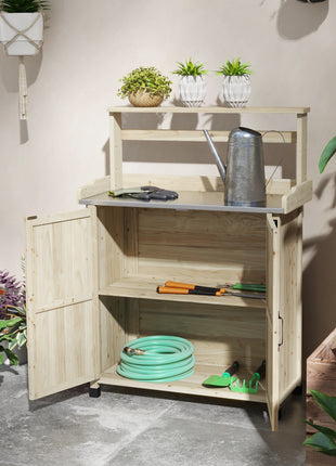 Outdoor Wooden Potting Bench with Storage Cabinet, Shelves, Galvanized Plated Tabletop for Backyard, Balcony, Natural