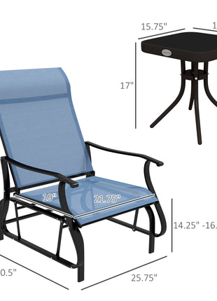 3-Piece Outdoor Gliders Set Bistro Set with Steel Frame, Tempered Glass Top Table for Patio, Garden, Light Blue