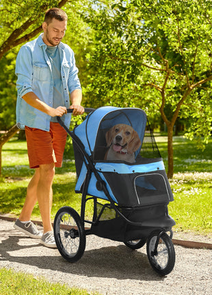 3 Wheels Pet Stroller for Small Dogs and Medium Dogs with Adjustable Canopy, Safety Tether, Storage Basket, Blue