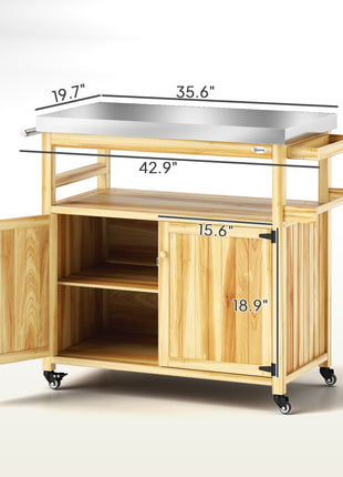 Outdoor Grill Cart w/ Stainless Steel Top, Solid Wood Outdoor Kitchen Island w/ Wheels, Storage Cabinets, Natural Wood