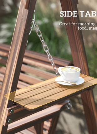 3 Seat Wooden Porch Swing with Stand, Patio Swing with Side Tables, for Garden, Poolside, Backyard, Carbonized Brown