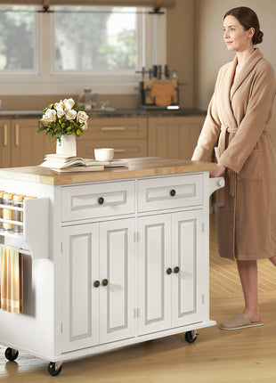 44" Mobile Kitchen Island Table, Kitchen Island Cart on Wheels with Storage Cabinets, 2 Drawers, White