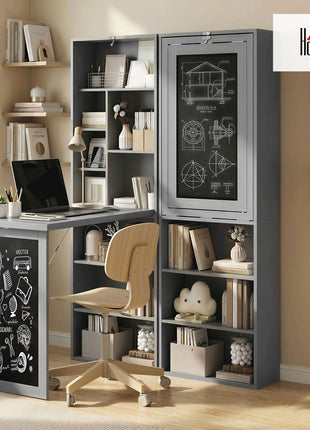 Fold-out Convertible Office Desk, Wall Mount Computer Desk with Blackboard and Side Shelf, Charcoal Gray