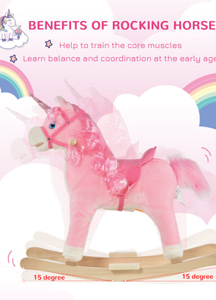 Kids Rocking Horse, Ride on Unicorn with Wooden Base, Tail Wag & Sounds for Toddlers 3-6 Years Old, Pink