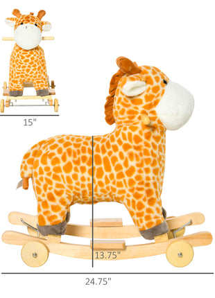 Rocking Horse, 2 in 1 Kids Ride on Horse, Rolling Giraffe Animal Rocker with Sound, Wooden Base, Pedal, Grip Handle, Plush Riding Pony for 3-6 Years Old, Yellow