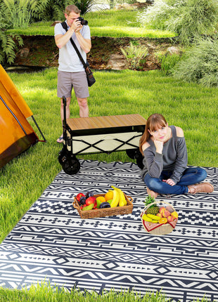 Reversible Outdoor Rug, Waterproof Plastic Straw with Carry Bag, 6' x 9', Blue & White Geometric