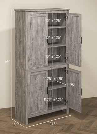 64" 4-Door Kitchen Pantry, Freestanding Storage Cabinet with 3 Adjustable Shelves for Kitchen, Gray Oak