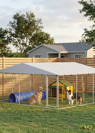 15' x 15' x 7' Dog Kennel Outdoor for Small Medium Large Dogs with Waterproof Roof, Silver