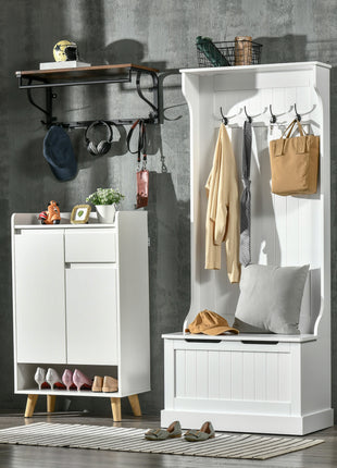 Hall Tree with Coat Rack, Storage, and Sitting Bench, White