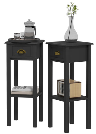2-Tier Side Tables Set of 2 with Drawer and Shelf, 2 Pieces End Tables for Living Room and Hallway, Black