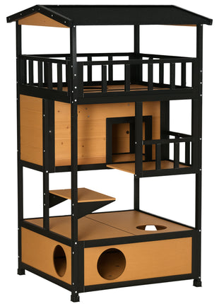 Wooden Outdoor Cat House, Feral Cat Shelter Kitten Condo with Asphalt Roof, Escape Doors, Condo, Jumping Platform, Yellow