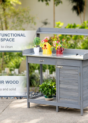 Outdoor Potting Bench Table, Garden Work Station with Storage Cabinet, Open Shelf and Steel Tabletop, Gray