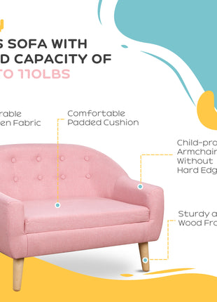 2-Seat Kids Sofa, Toddler Sofa Couch, Linen-Like Fabric & Wood Frame Sofa Chair for Ages 3-7, 11" High Seat, Pink