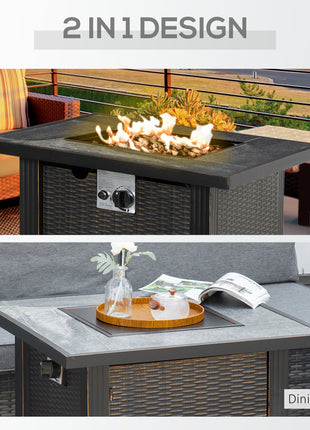 30 Inch Outdoor Propane Gas Fire Pit Table, 50,000 BTU Auto-Ignition Square Wicker-effect Gas Firepit with Ceramic Tabletop, Lid, Lava Rocks & Rain Cover, CSA Certification