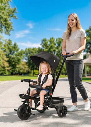 Kids Tricycle, 4 in 1 Foldable Trike with Reversible Seat, Adjustable Parent Handle, Safety Harness, Wheel Brakes, Removable Canopy, Storage, Tricycle for Toddlers 1-5 Years, Black