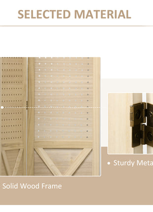 4.7' 4 Panel Wooden Room Divider with Pegboard Display, Folding Privacy Screen for Home Office, Natural