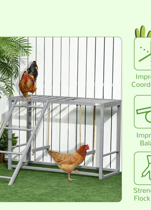 Chicken Activity Play with Swing Set for 3–4 Birds, Wooden Chicken Coop Accessory with Multiple Perches & Hen Ladder, Gray