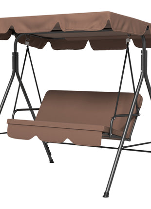 Large Family Swing Set, 3-Seat Adjustable Canopy Swing Bench with Cushion, Steel Frame Stand for Patio, Garden, Family Use, Brown