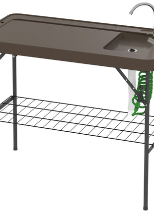Folding Fish Cleaning Table with Sink, Portable Camping Table with Faucet, Drainage Hose, Sprayer and Shelf, Tan