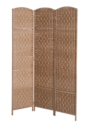 6' Tall Wicker Weave 3 Panel Room Divider Wall Divider, Natural Wood