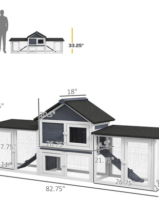 Outdoor Rabbit House 83" 2 Story Deluxe XL Wooden Rabbit Hutch, Big Bunny Cage w/ Ladder and Run, Dark Gray