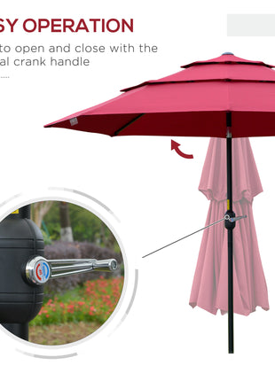9FT 3 Tiers Patio Umbrella Outdoor Market Umbrella with Crank, Push Button Tilt for Deck, Backyard and Lawn, Wine Red