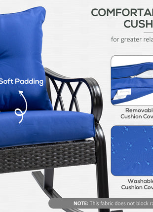 Outdoor Wicker Rocking Chair with Padded Cushions, Aluminum Furniture Rattan Porch Rocker Chair w/ Armrest for Garden, Patio, and Backyard, Blue